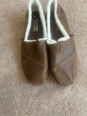 BOBS from Skechers Brown Faux-Suede Slip-On Flats with White Faux-Fur Trim